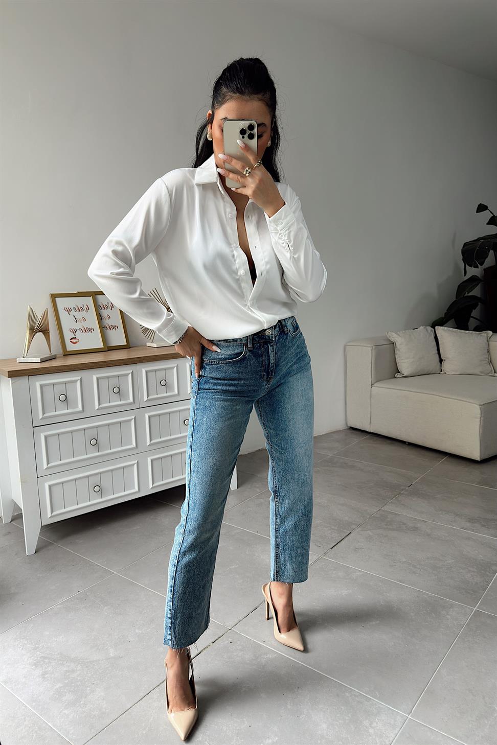 Premium Kalite Basic Saten Gömlek Beyaz