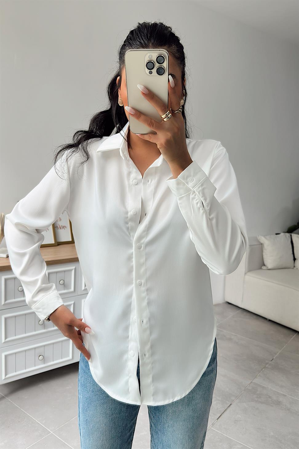 Premium Kalite Basic Saten Gömlek Beyaz