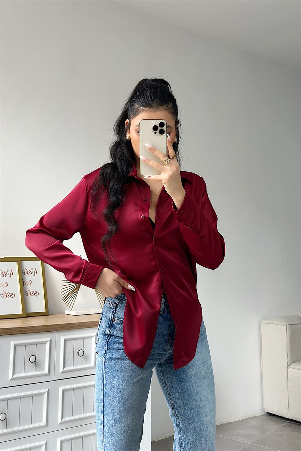Premium Kalite Basic Saten Gömlek Bordo