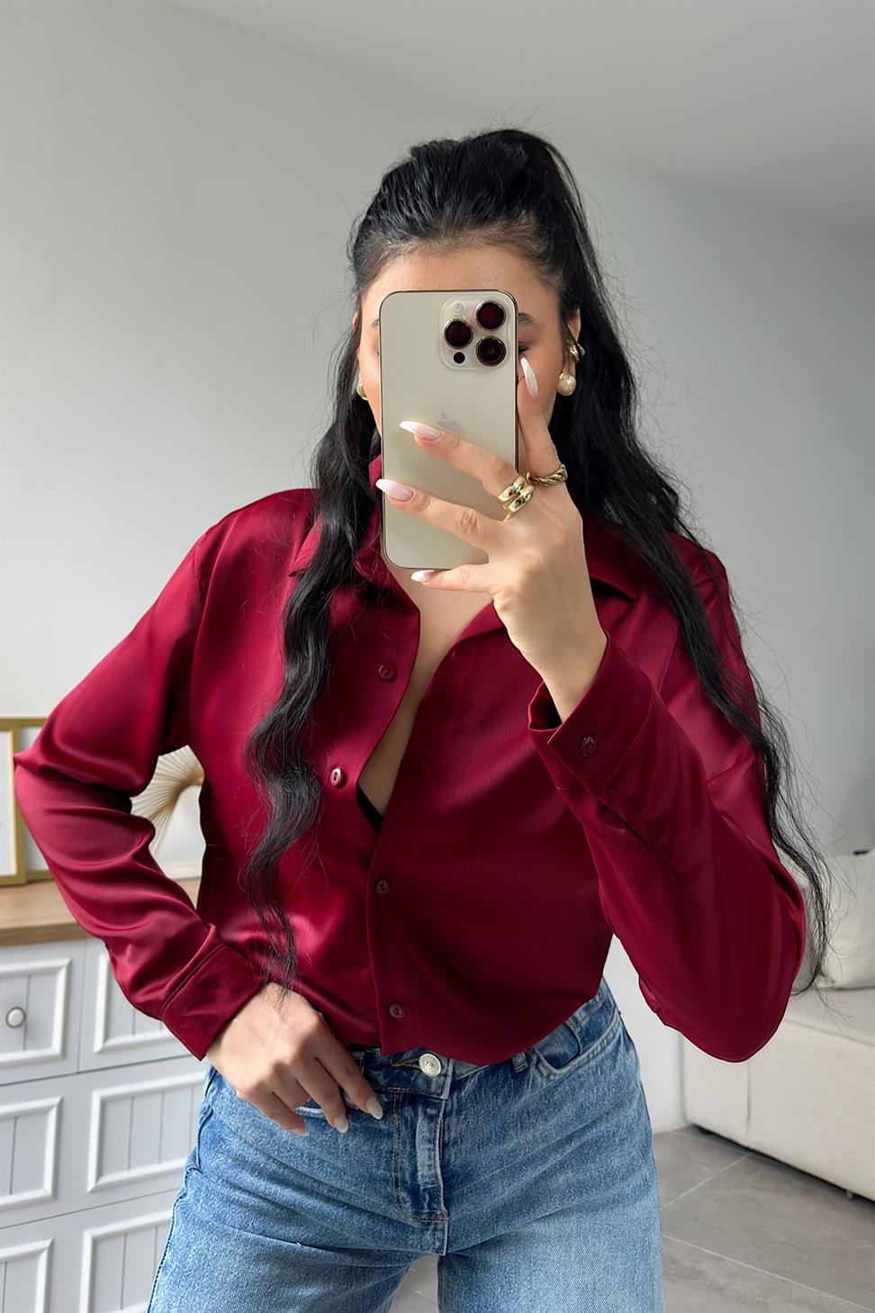 Premium Kalite Basic Saten Gömlek Bordo