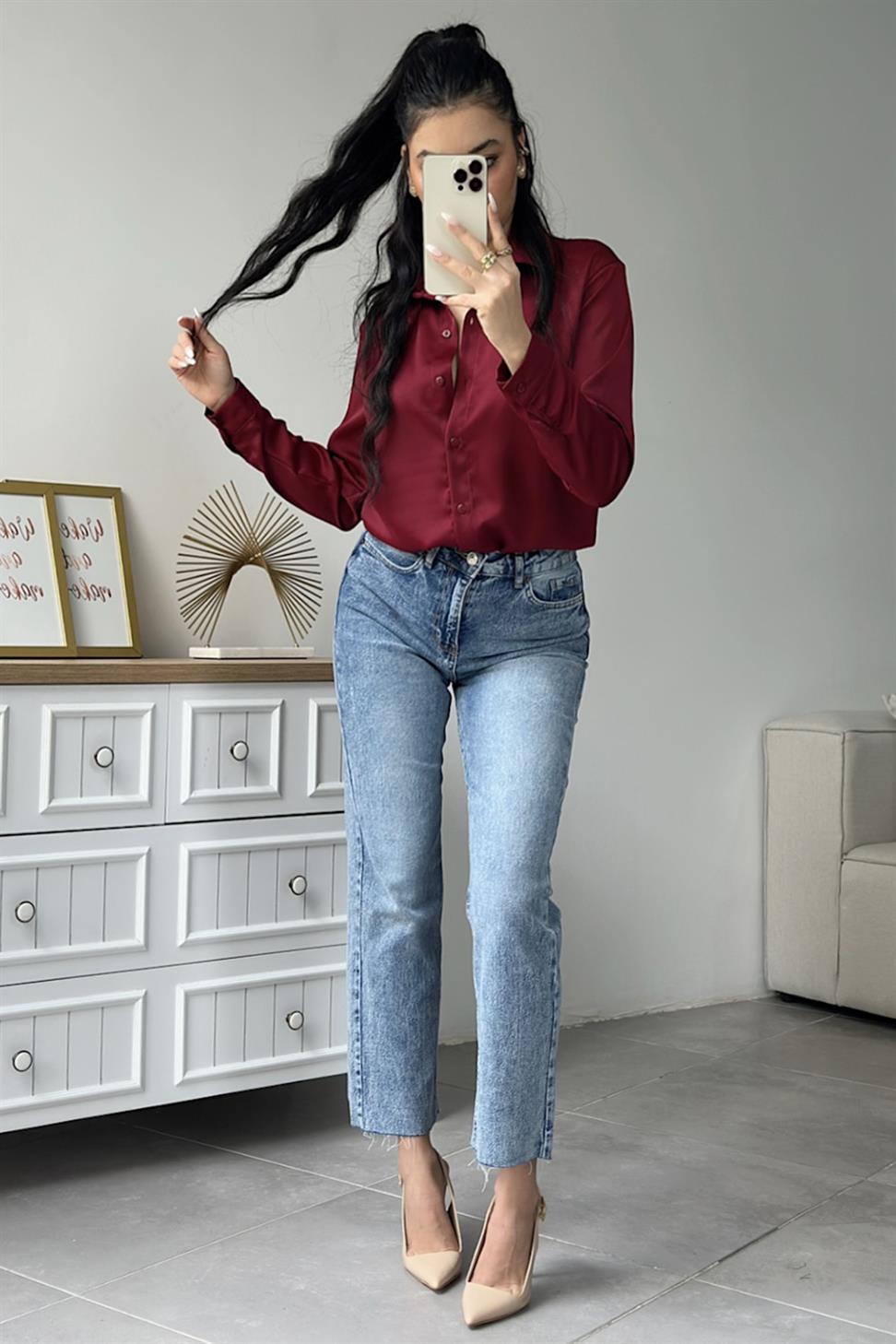 Premium Kalite Basic Saten Gömlek Bordo