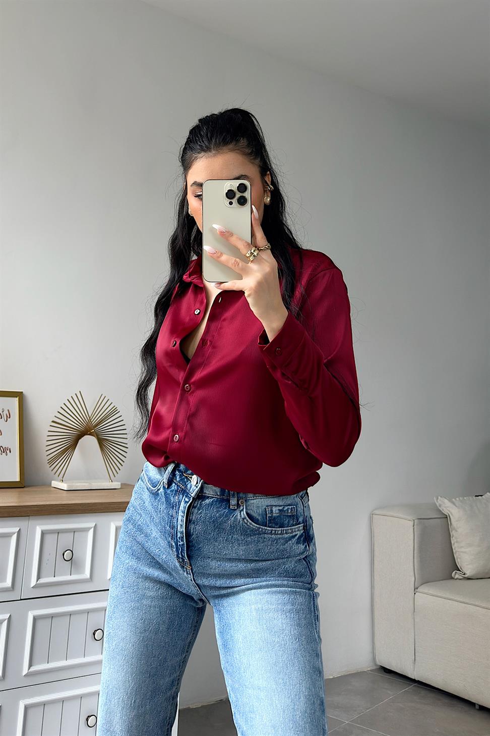 Premium Kalite Basic Saten Gömlek Bordo