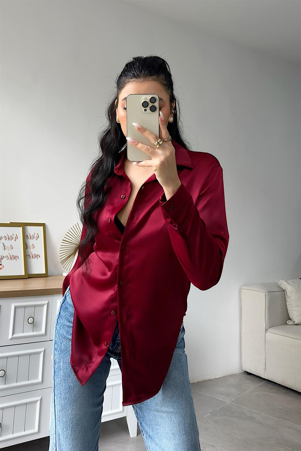 Premium Kalite Basic Saten Gömlek Bordo