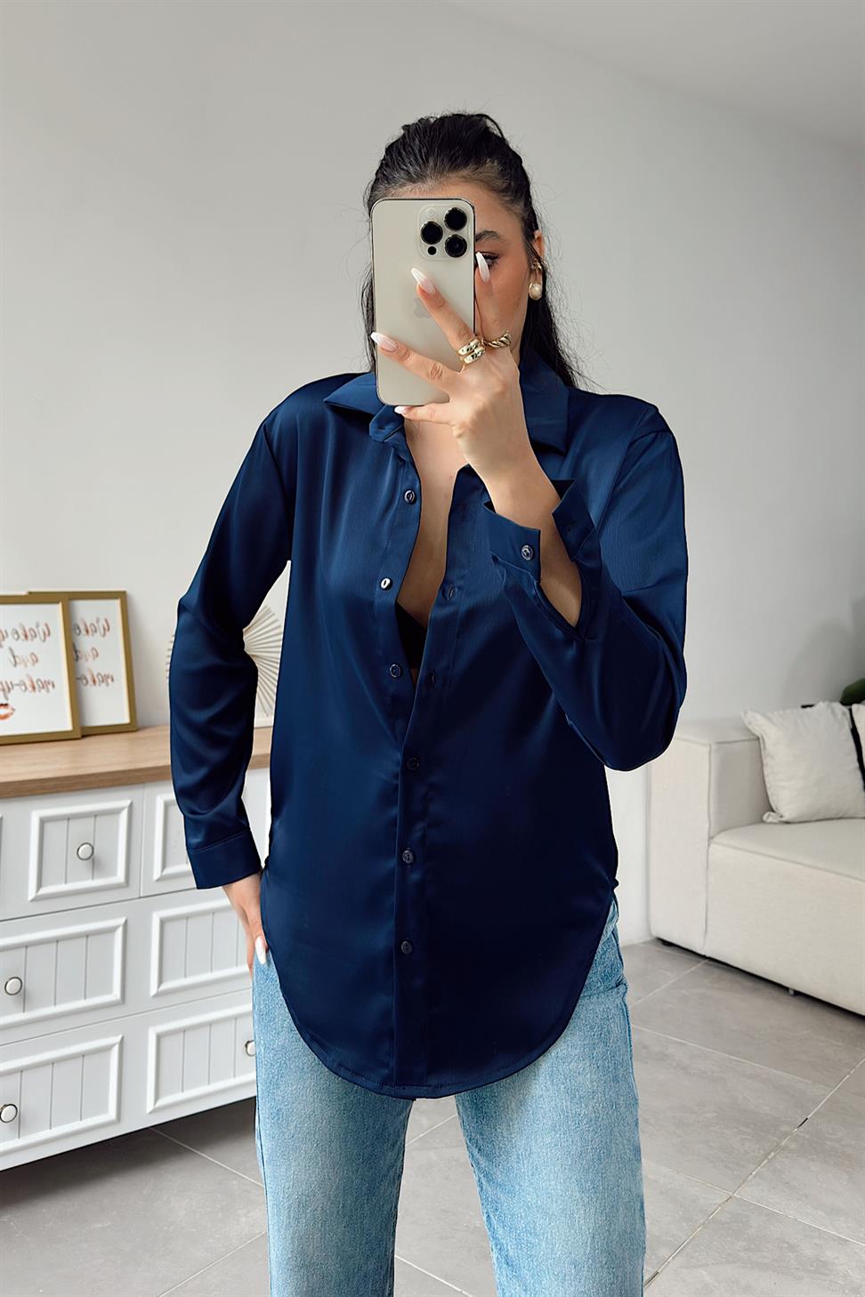 Premium Kalite Basic Saten Gömlek Lacivert