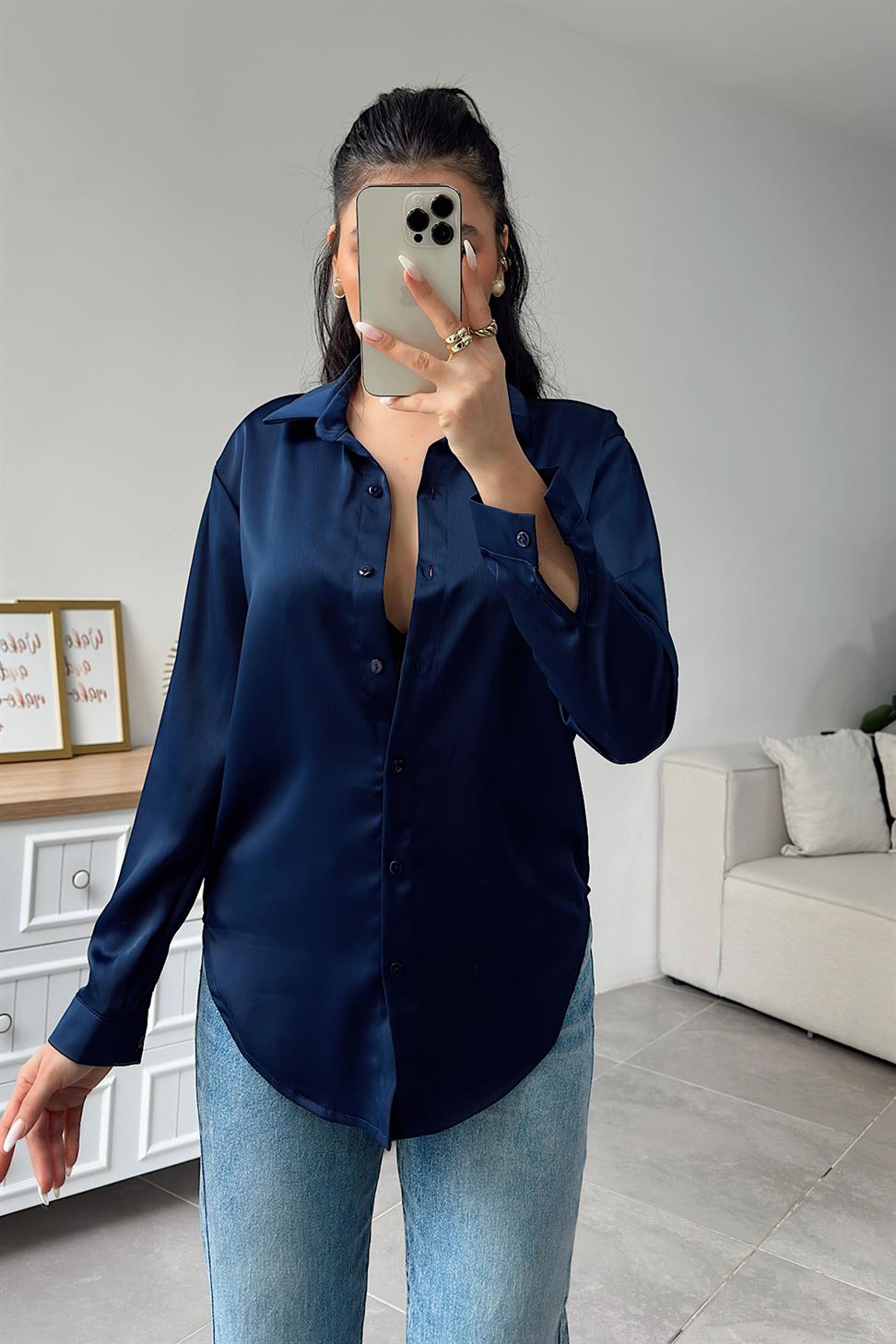 Premium Kalite Basic Saten Gömlek Lacivert