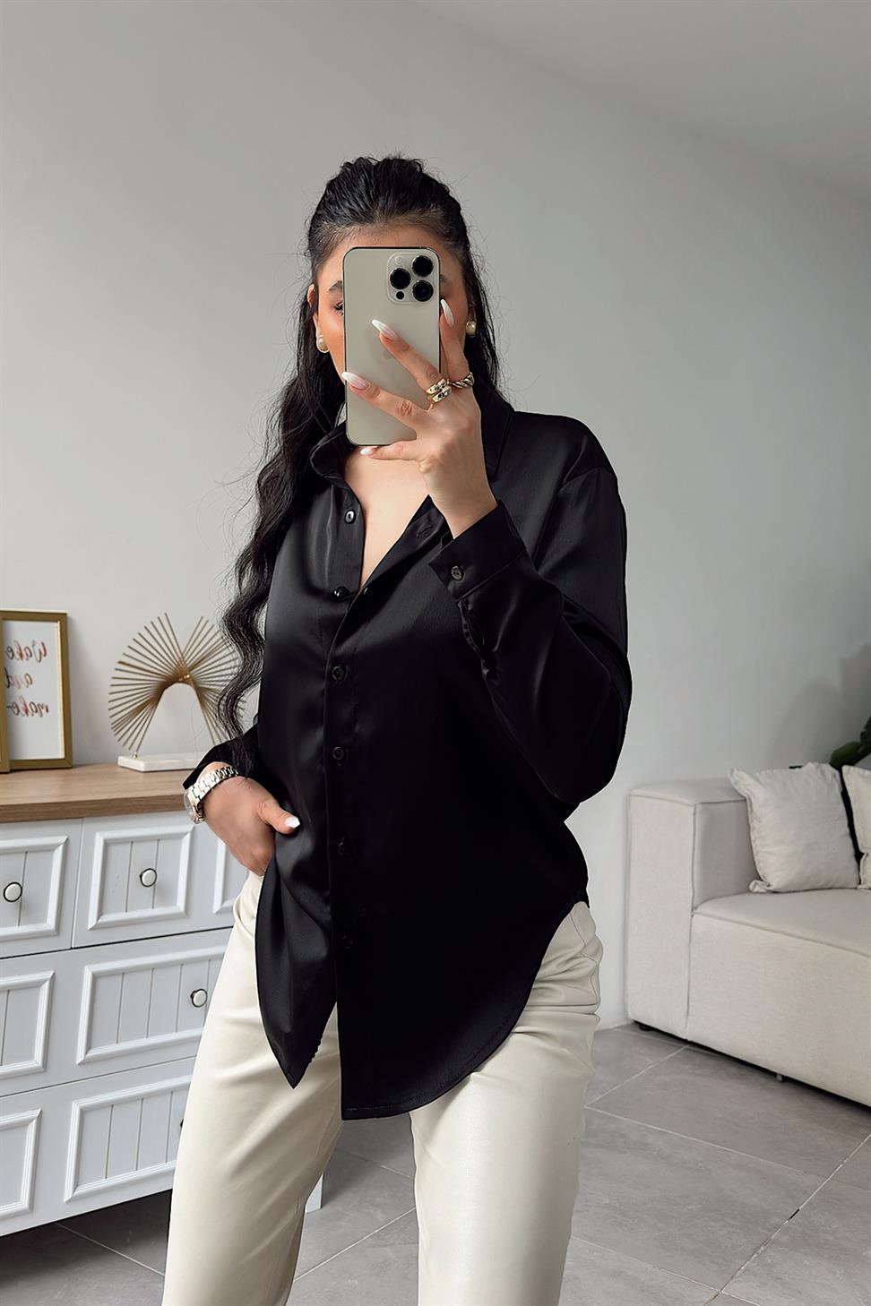 Premium Kalite Basic Saten Gömlek Siyah