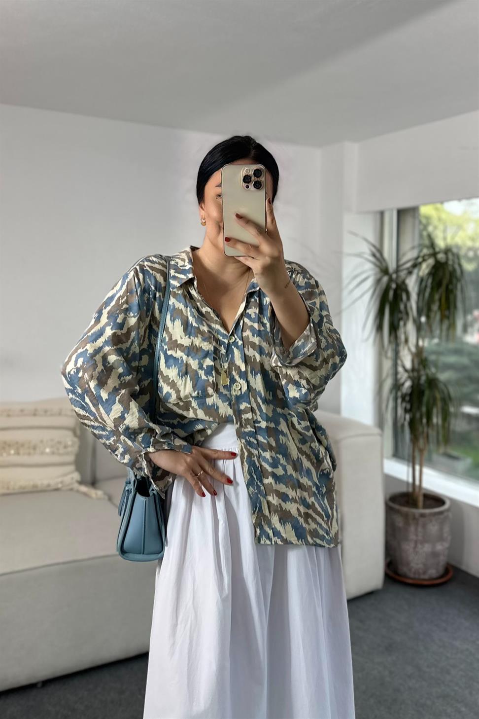 Premium Kalite Batik Desenli Basic Gömlek Mavi