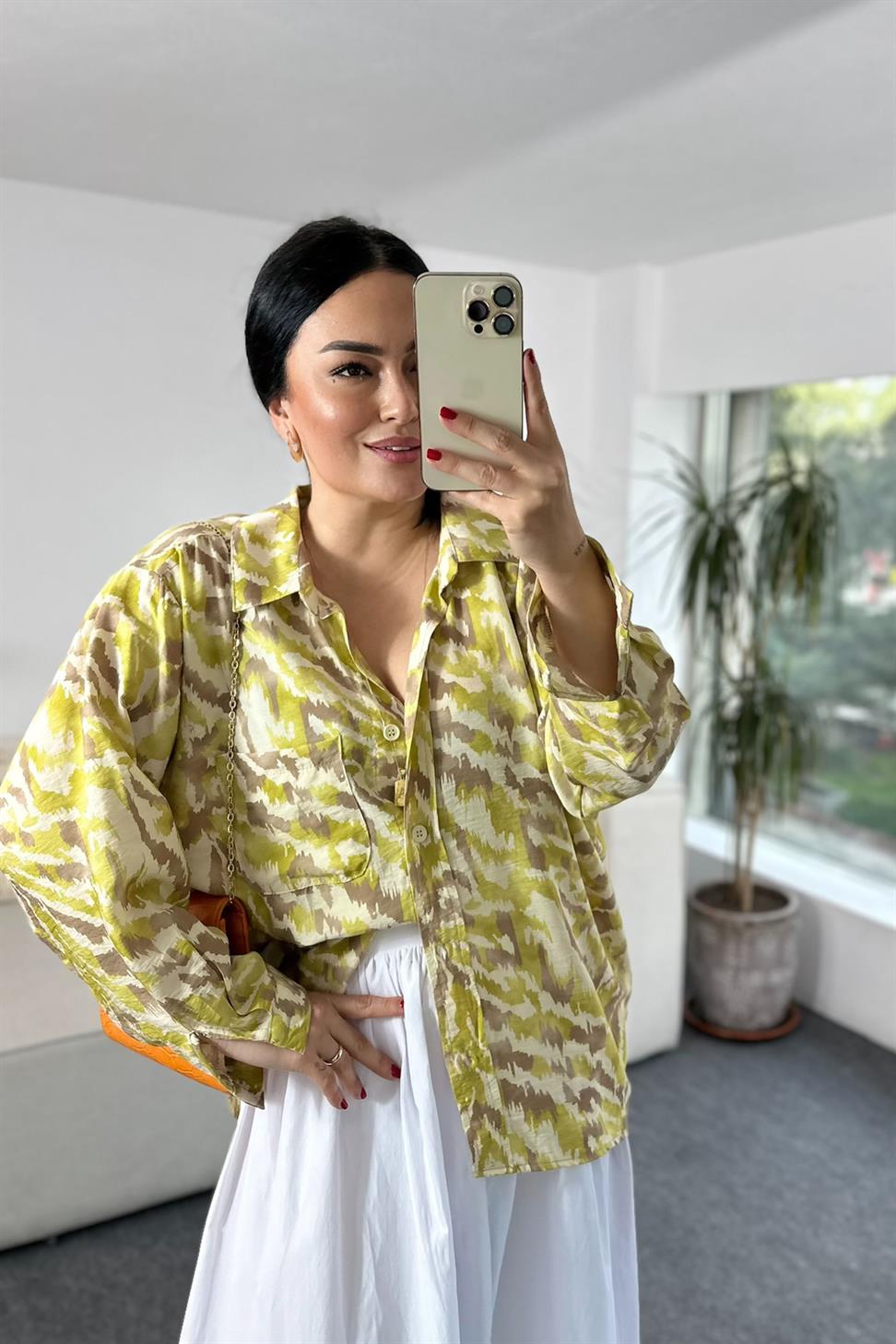 Premium Kalite Batik Desenli Basic Gömlek Yeşil