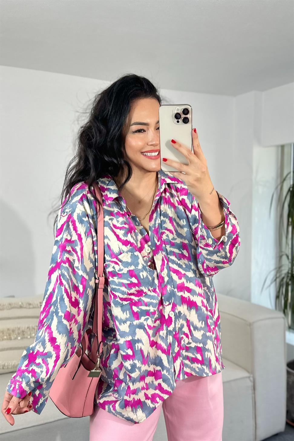 Premium Kalite Batik Desenli Basic Gömlek Fuşya