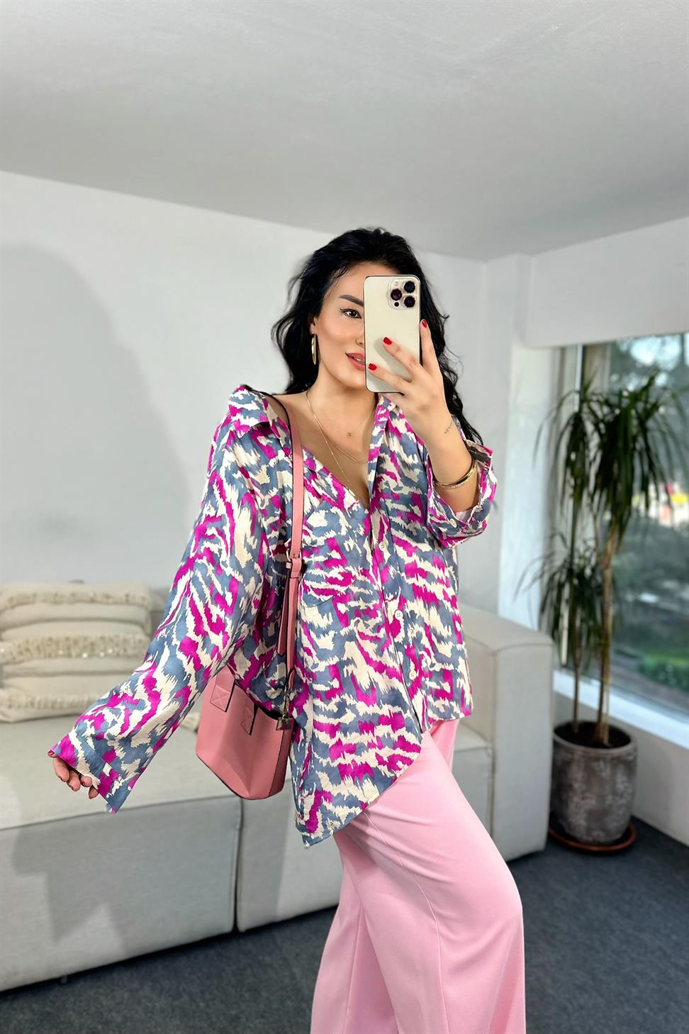 Premium Kalite Batik Desenli Basic Gömlek Fuşya