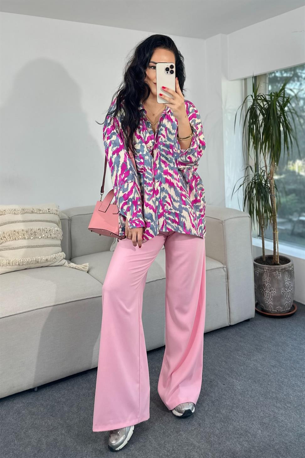 Premium Kalite Batik Desenli Basic Gömlek Fuşya