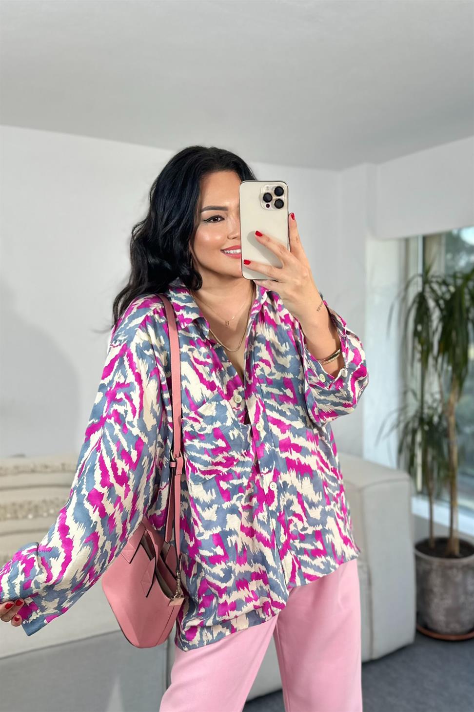 Premium Kalite Batik Desenli Basic Gömlek Fuşya