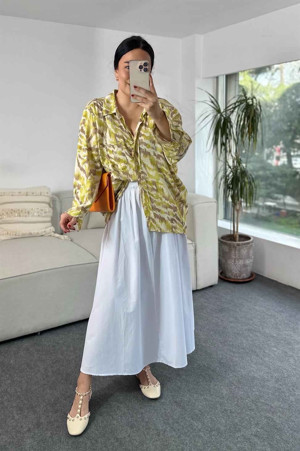 Premium Kalite Batik Desenli Basic Gömlek Yeşil