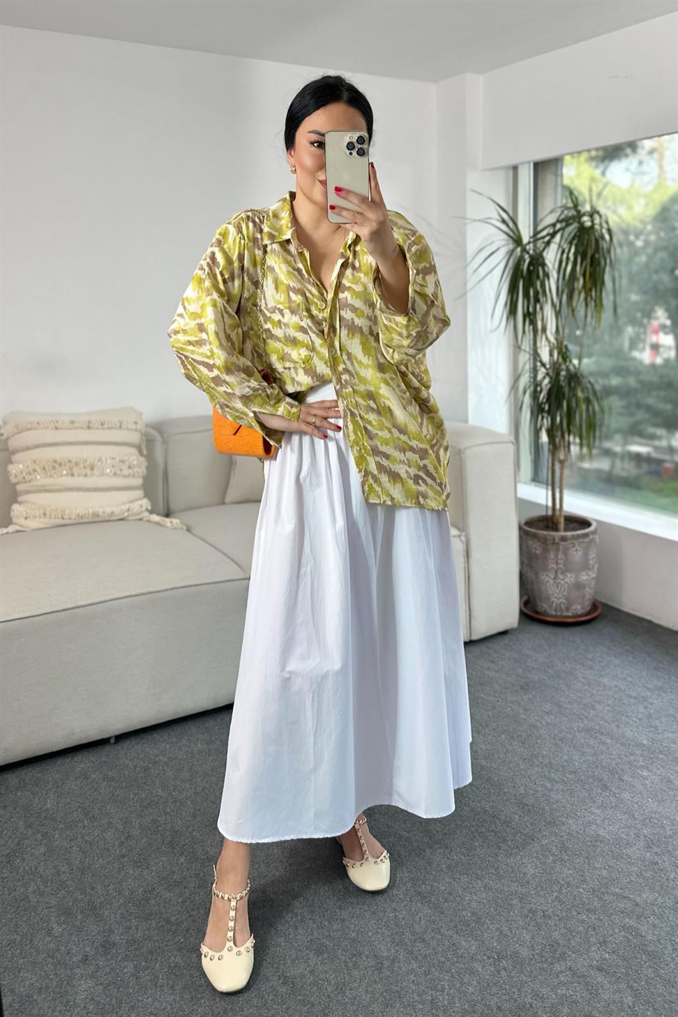 Premium Kalite Batik Desenli Basic Gömlek Yeşil