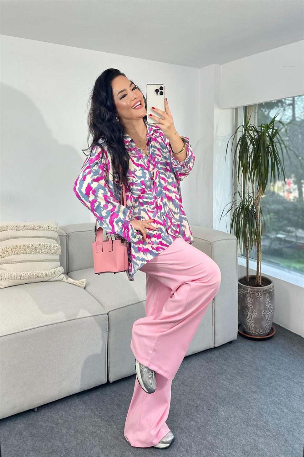 Premium Kalite Batik Desenli Basic Gömlek Fuşya