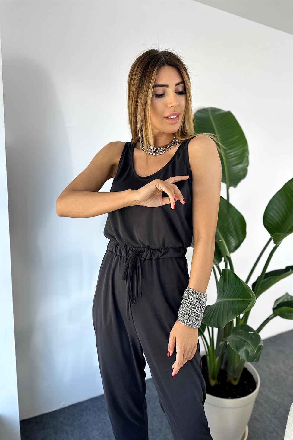 Premium Kalite Bel Bağcık Detaylı Tulum Siyah