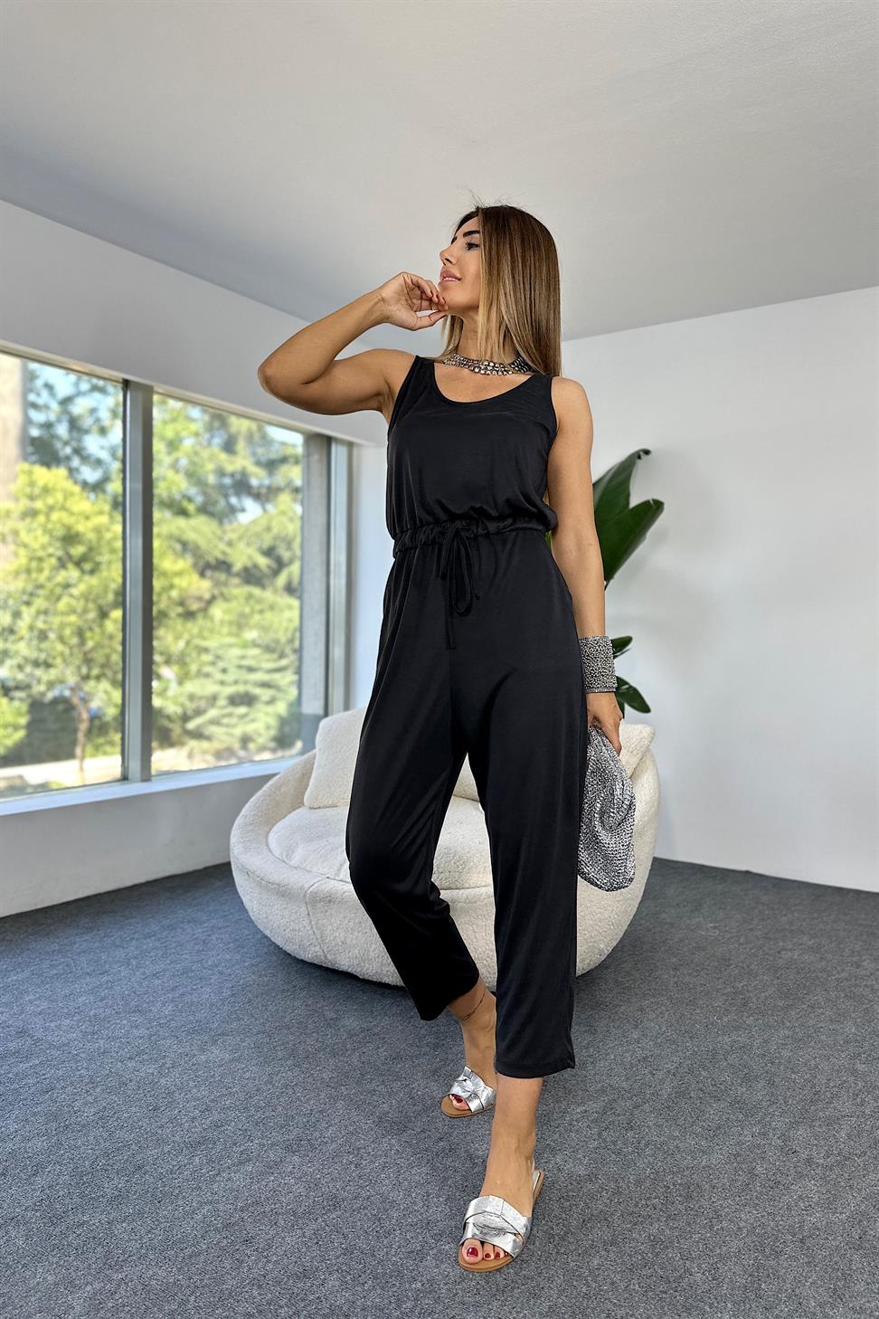 Premium Kalite Bel Bağcık Detaylı Tulum Siyah