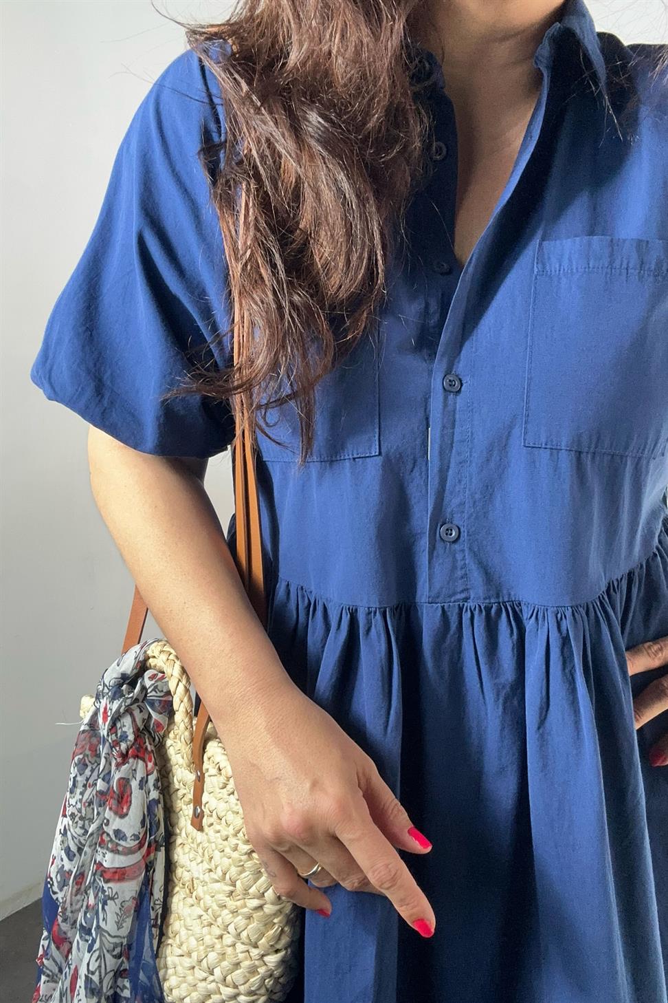 Premium Kalite Belden Büzgü Detaylı Oversize Midi Elbise Lacivert