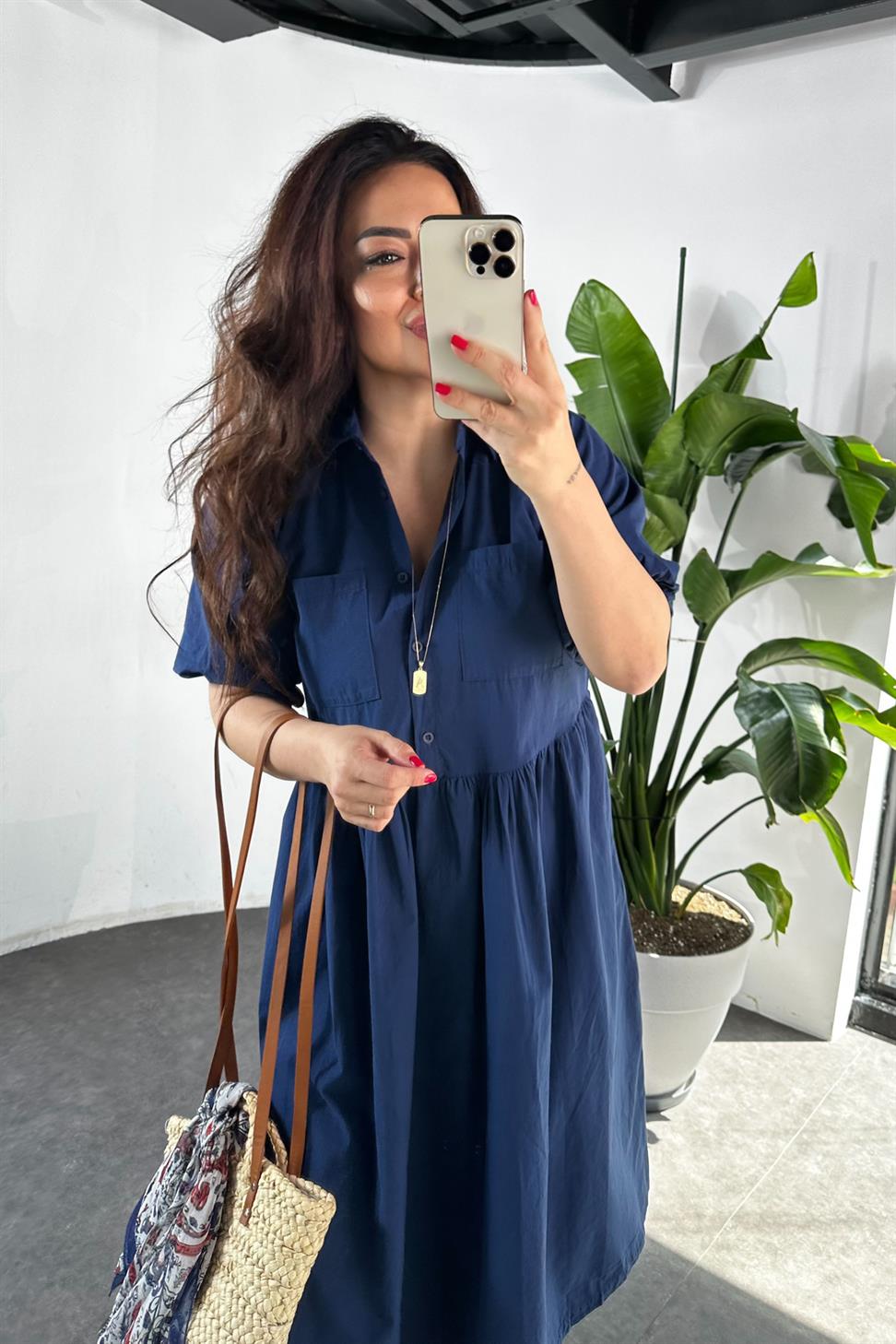 Premium Kalite Belden Büzgü Detaylı Oversize Midi Elbise Lacivert