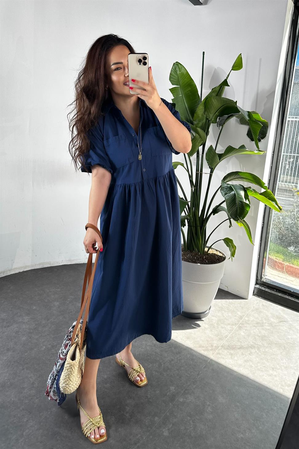 Premium Kalite Belden Büzgü Detaylı Oversize Midi Elbise Lacivert