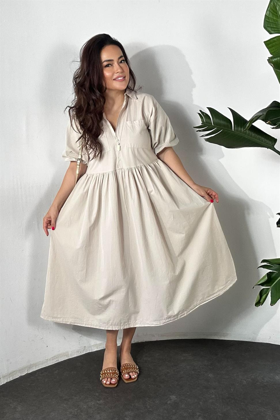 Premium Kalite Belden Büzgü Detaylı Oversize Midi Elbise Taş