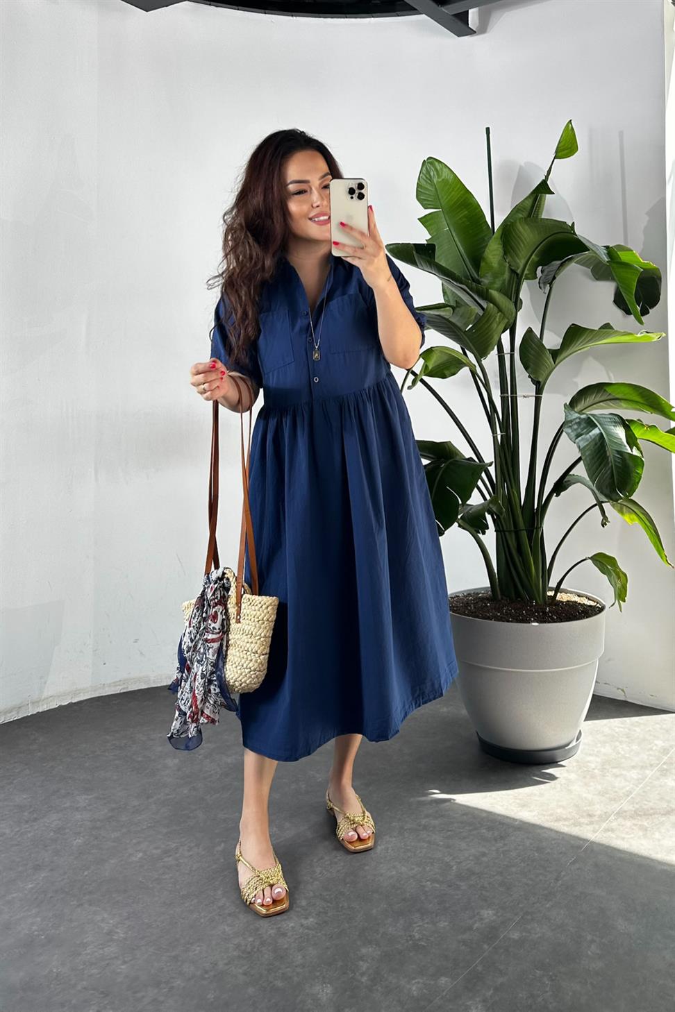 Premium Kalite Belden Büzgü Detaylı Oversize Midi Elbise Lacivert