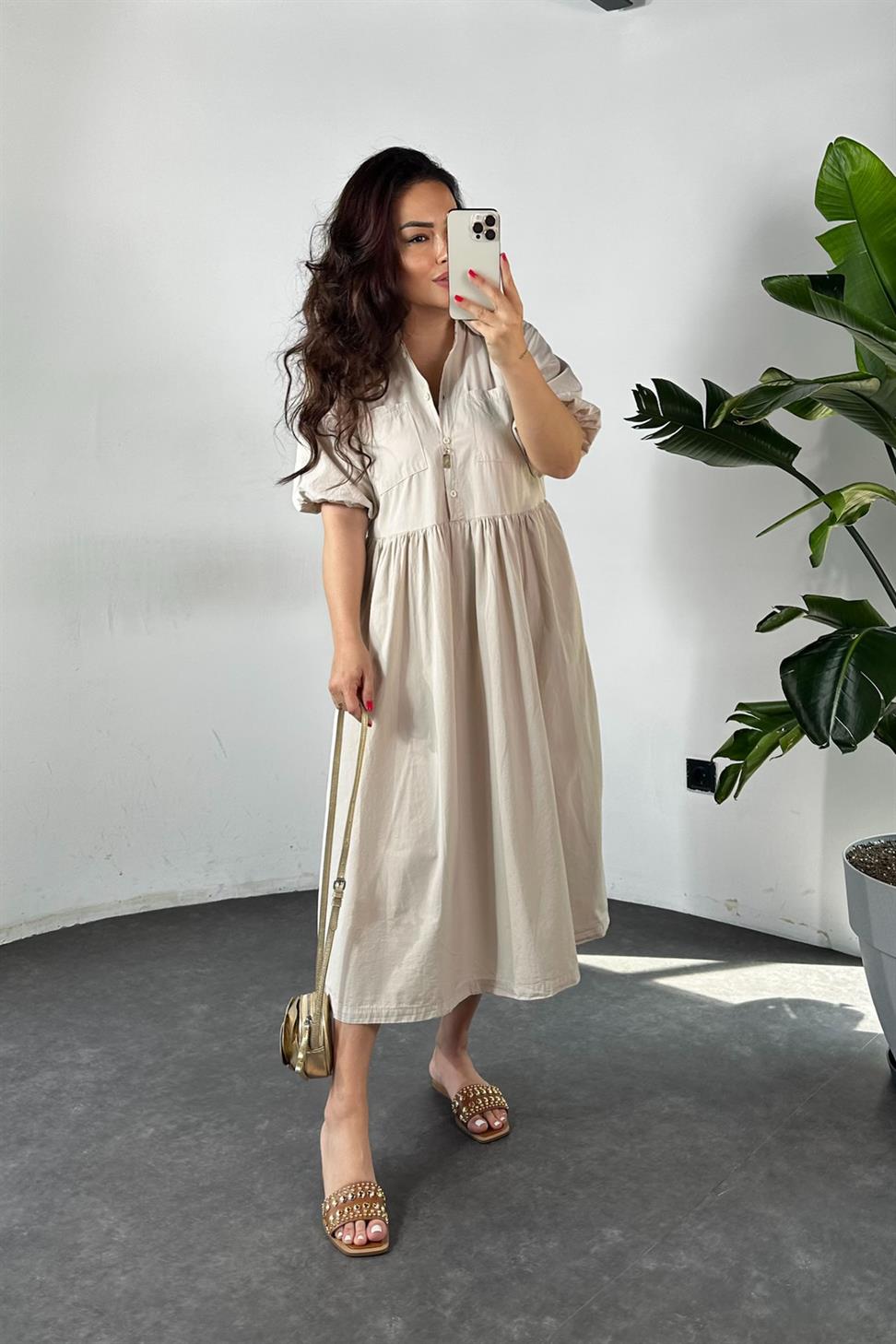 Premium Kalite Belden Büzgü Detaylı Oversize Midi Elbise Taş