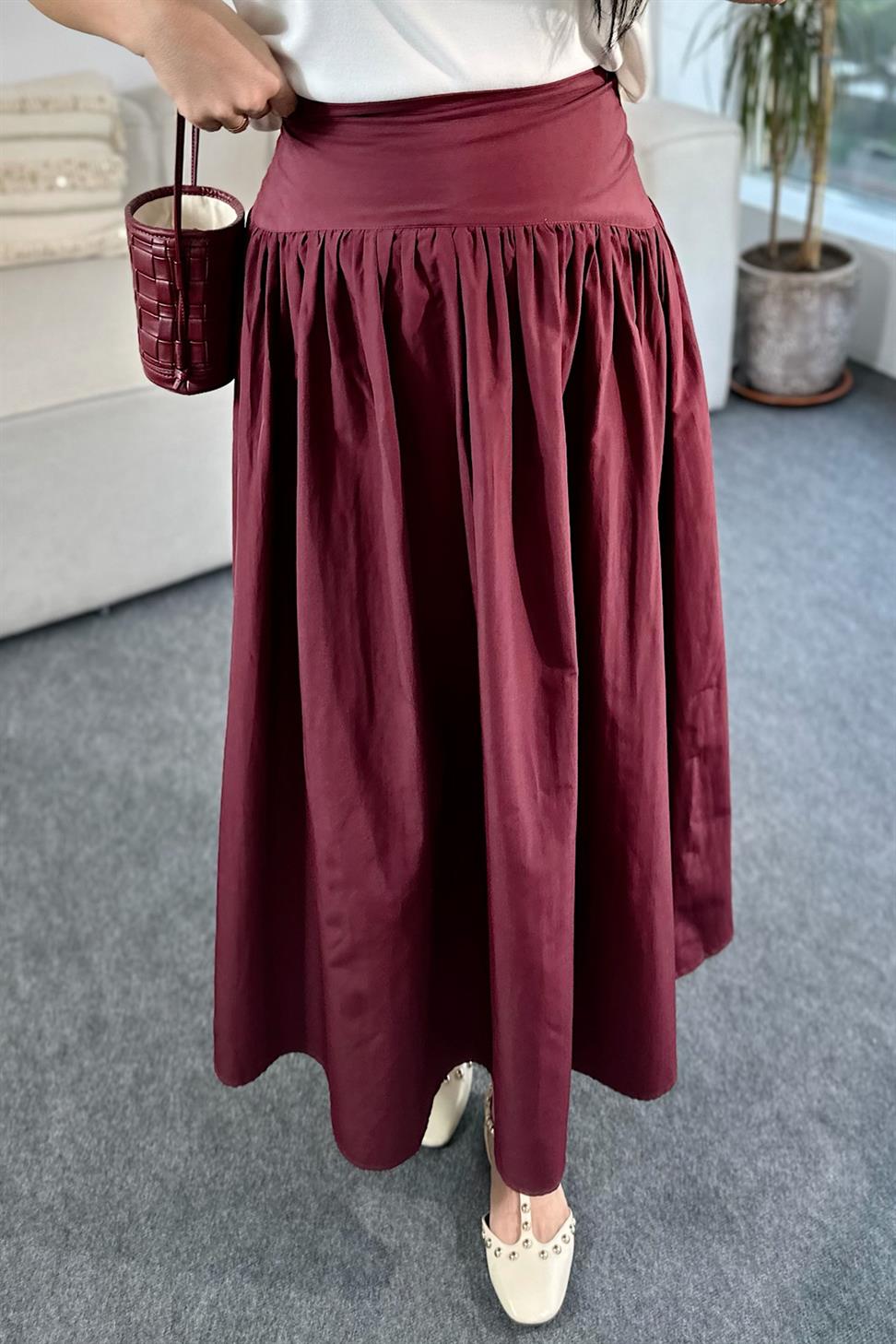 Premium Kalite Beli Korse Görünümlü Tasarım Etek Bordo
