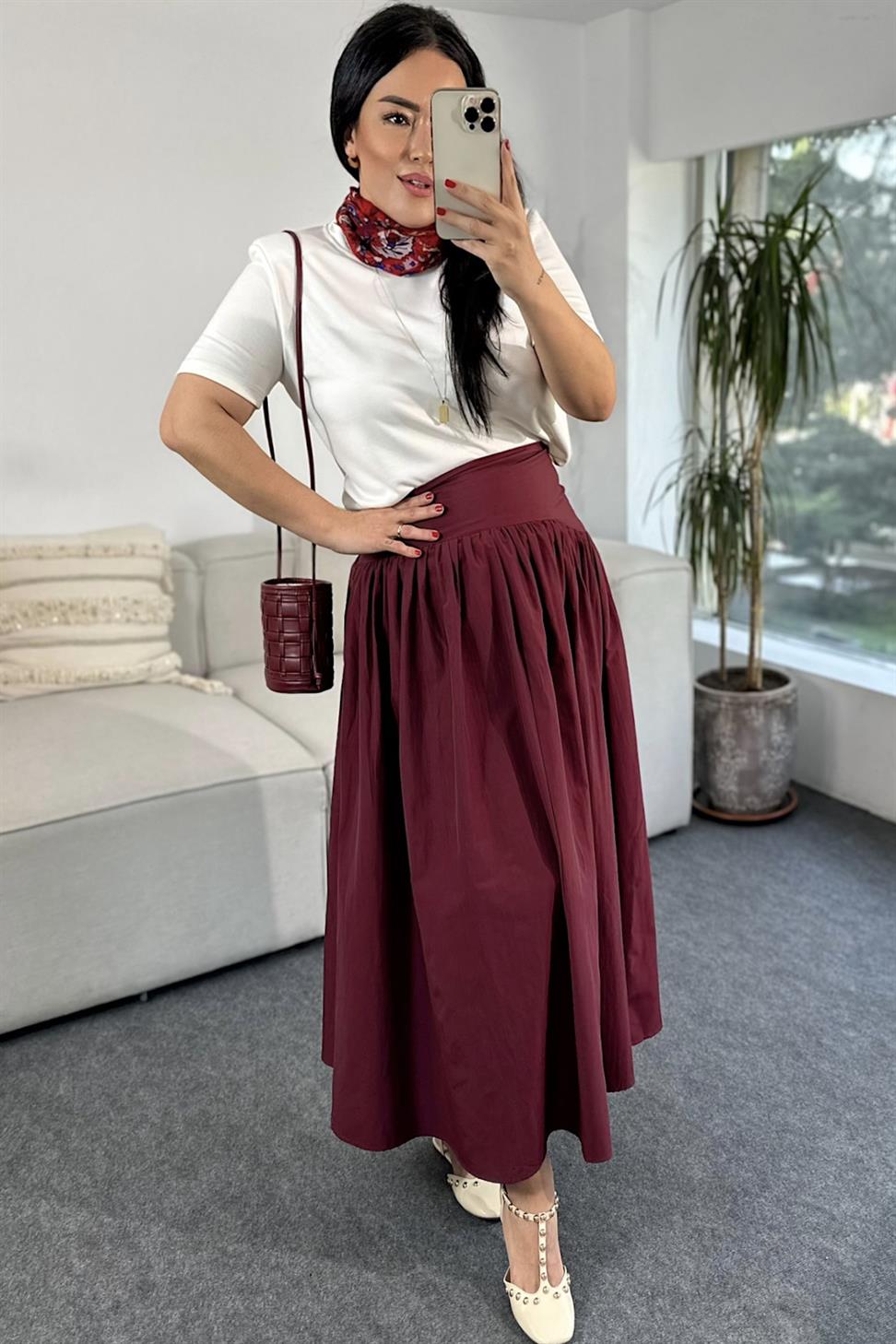 Premium Kalite Beli Korse Görünümlü Tasarım Etek Bordo