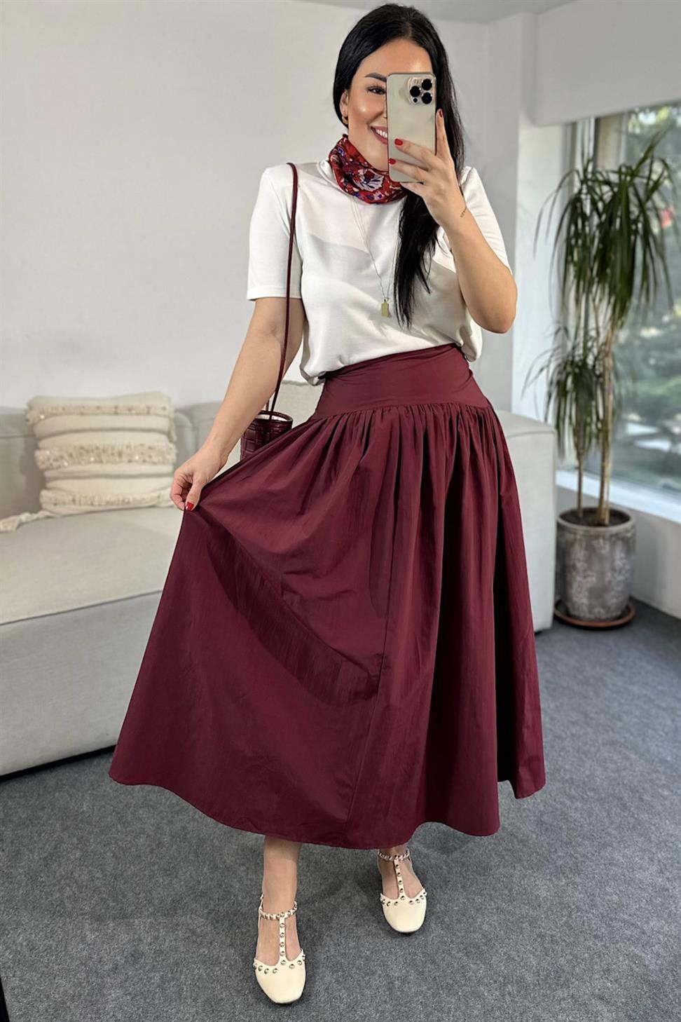 Premium Kalite Beli Korse Görünümlü Tasarım Etek Bordo
