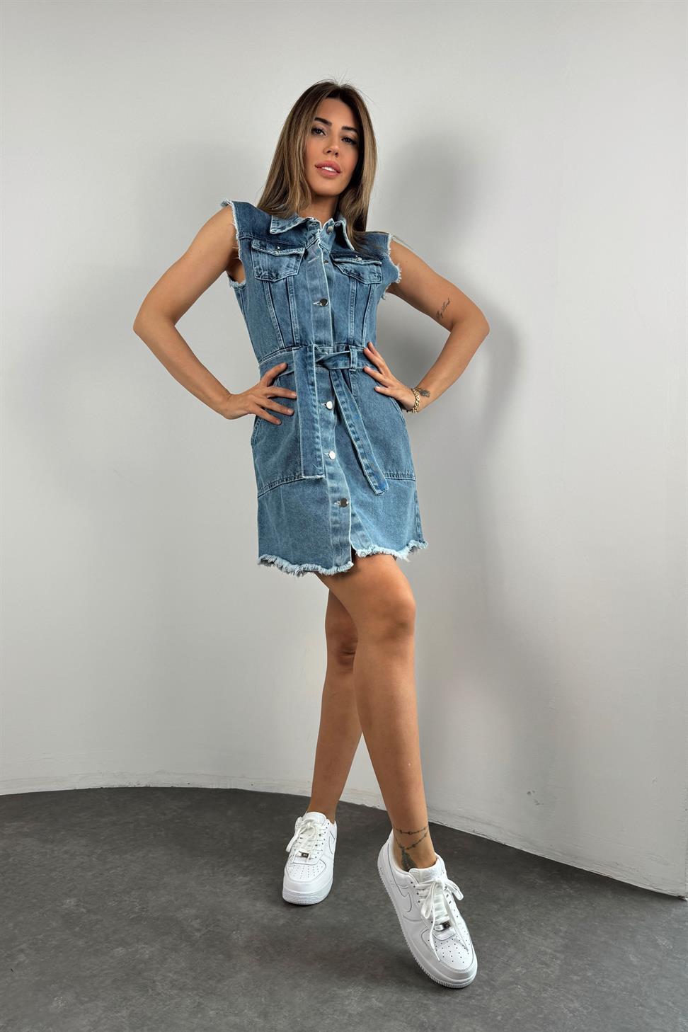 Premium Kalite Beli Kuşaklı Püskül Tasarım Denim Elbise Mavi