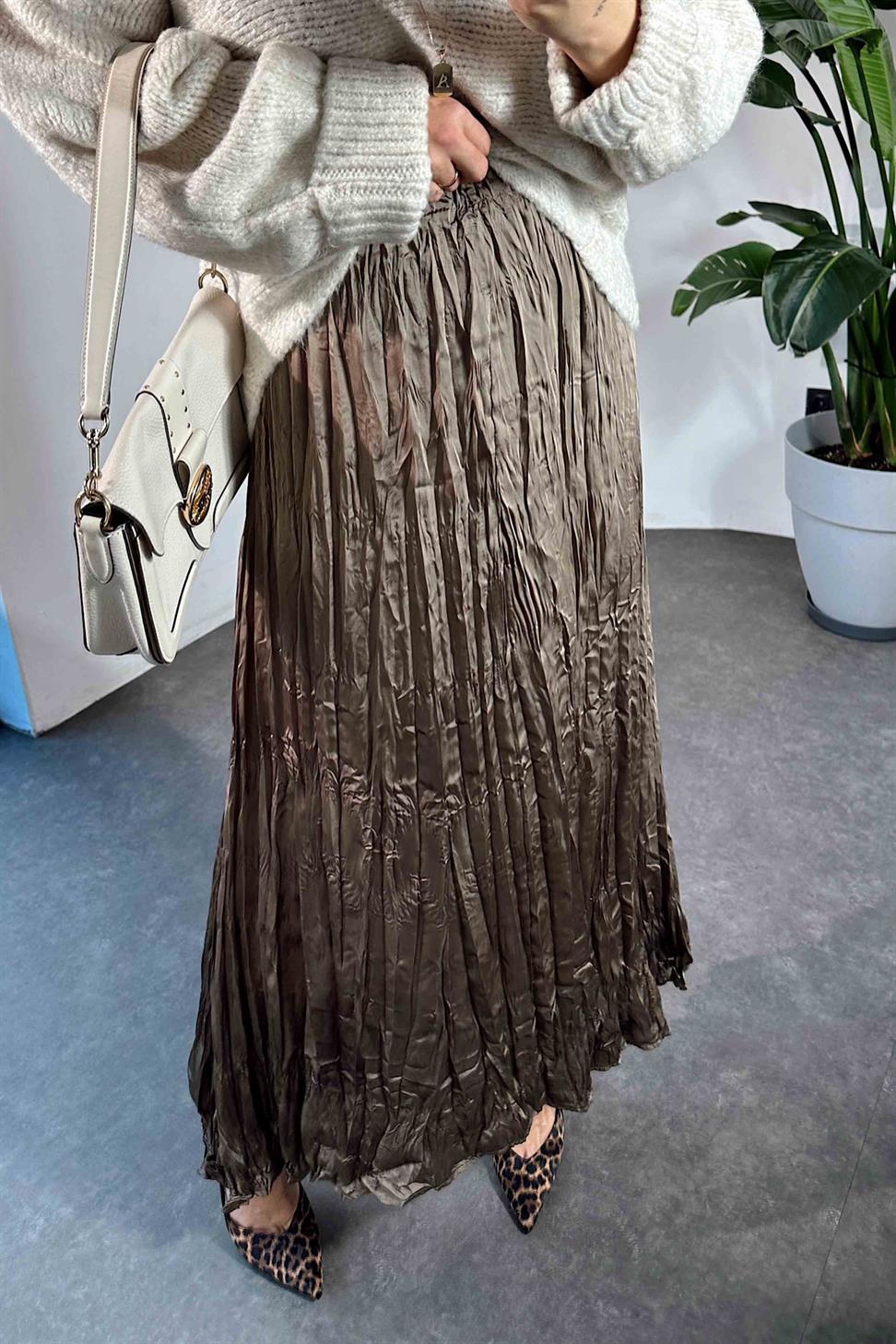 Premium Kalite Beli Lastikli Kırışık Pileli Saten Etek Vizon