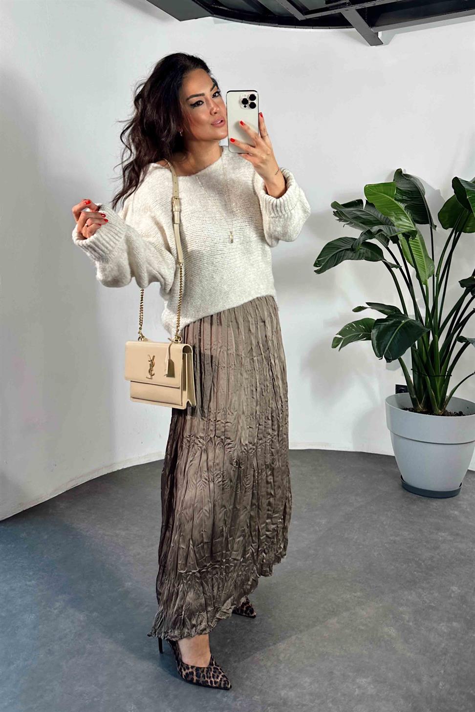 Premium Kalite Beli Lastikli Kırışık Pileli Saten Etek Vizon