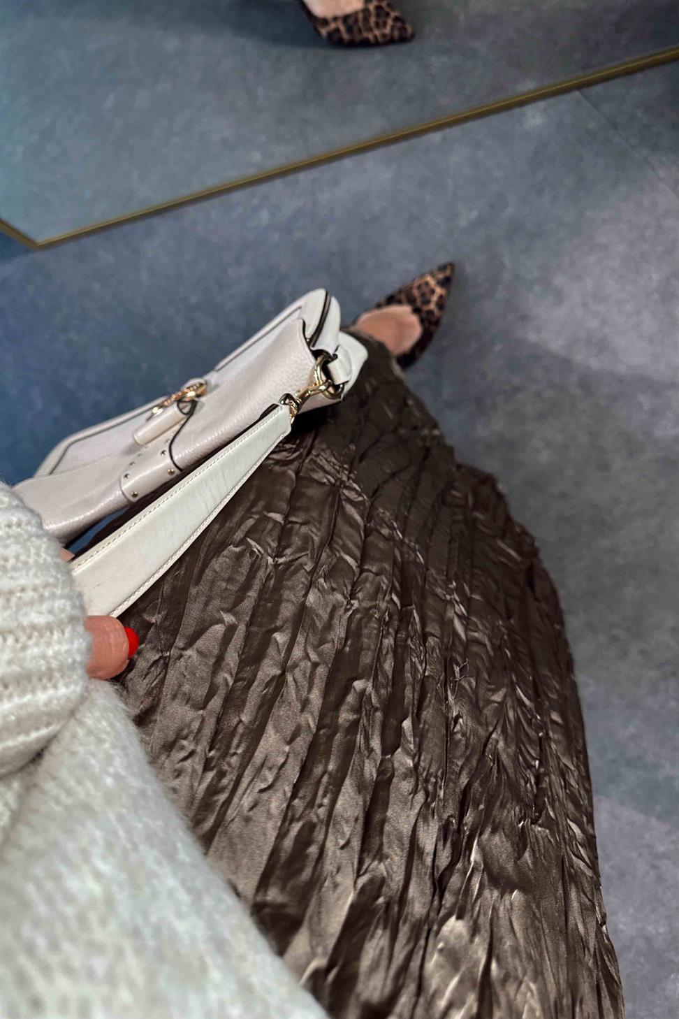 Premium Kalite Beli Lastikli Kırışık Pileli Saten Etek Vizon