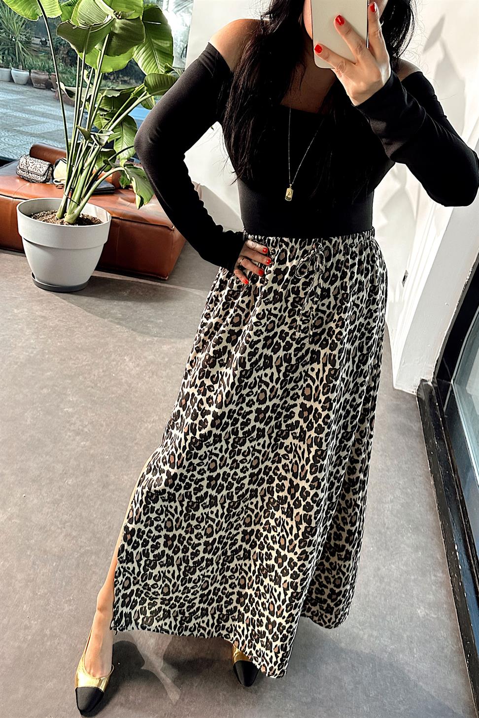 Premium Kalite Beli Lastikli Leopar Etek Leopar