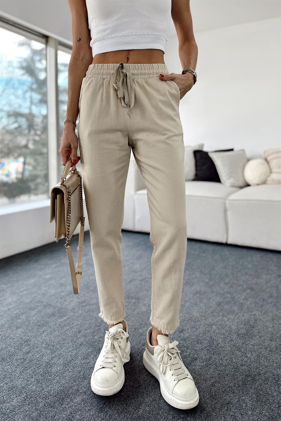 Premium Kalite Beli Lastikli Paçası Püskül Detay Gabardin Pantolon Taş