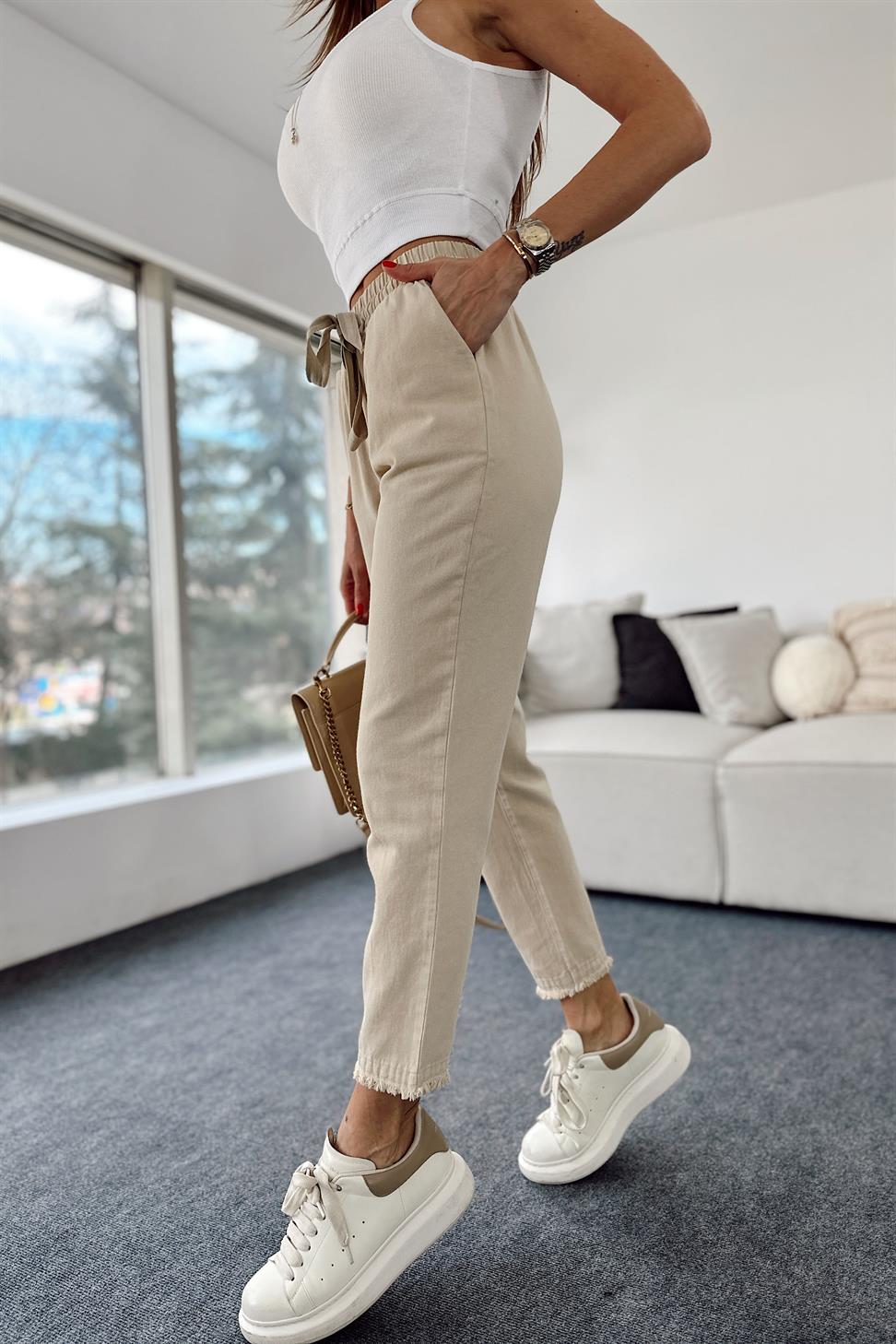 Premium Kalite Beli Lastikli Paçası Püskül Detay Gabardin Pantolon Taş