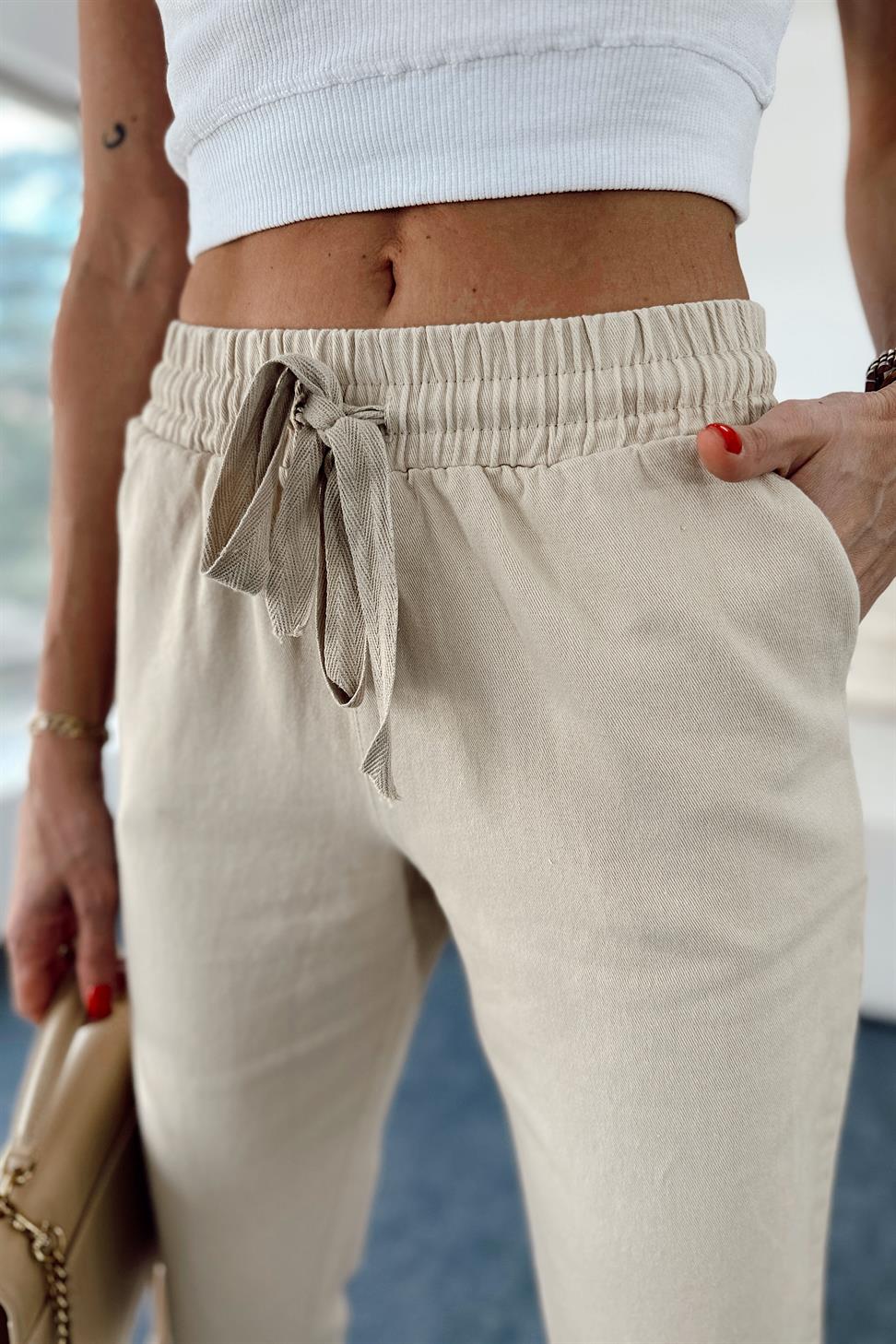 Premium Kalite Beli Lastikli Paçası Püskül Detay Gabardin Pantolon Taş