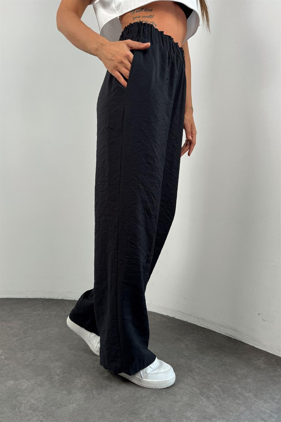 Premium Kalite Beli Lastikli Tasarım  Salaş Pantolon Siyah