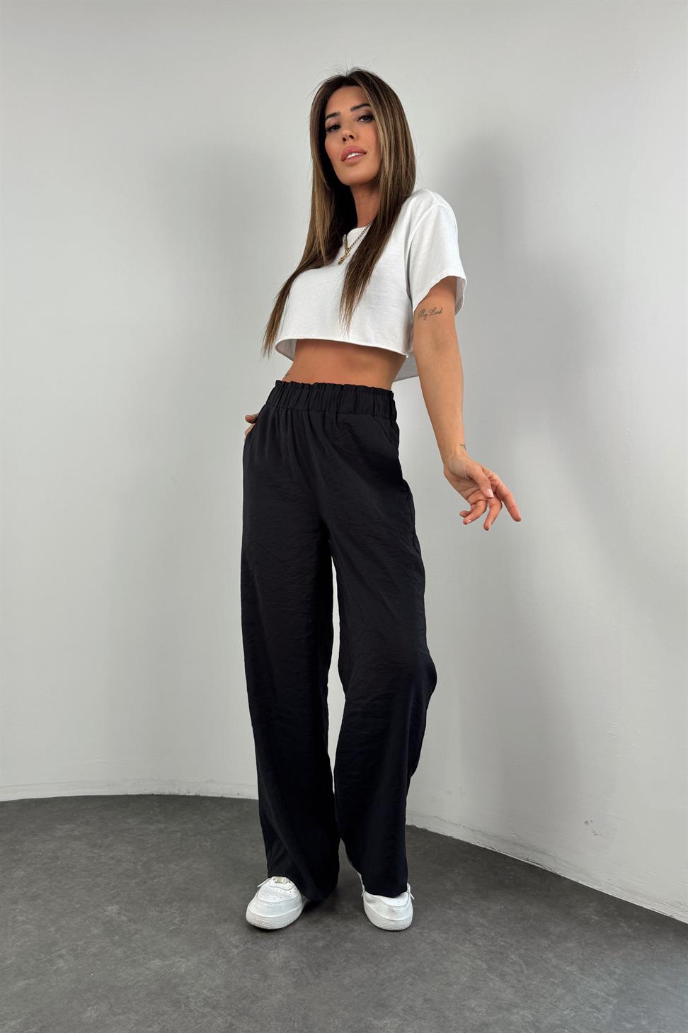 Premium Kalite Beli Lastikli Tasarım  Salaş Pantolon Siyah