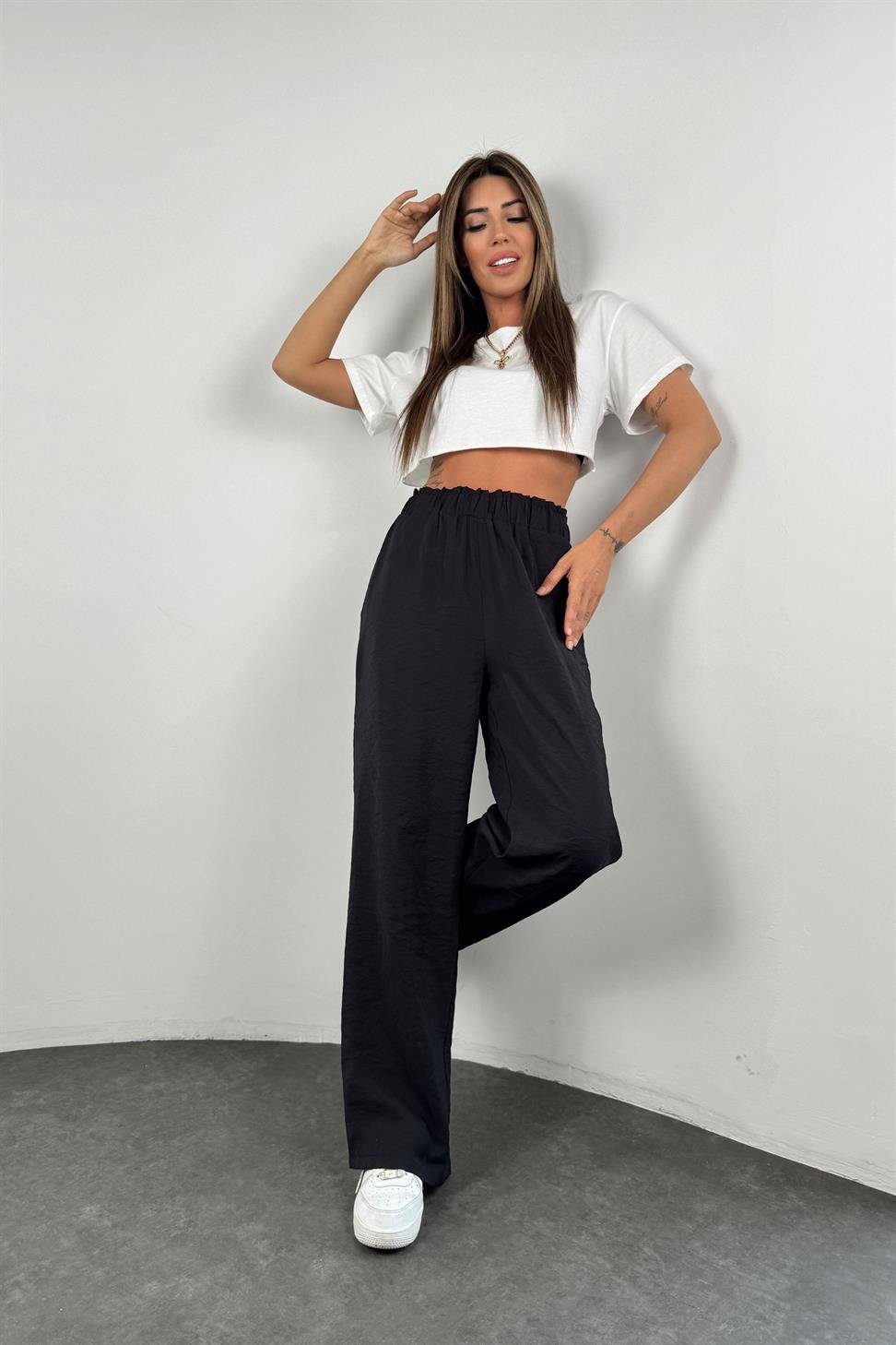 Premium Kalite Beli Lastikli Tasarım  Salaş Pantolon Siyah
