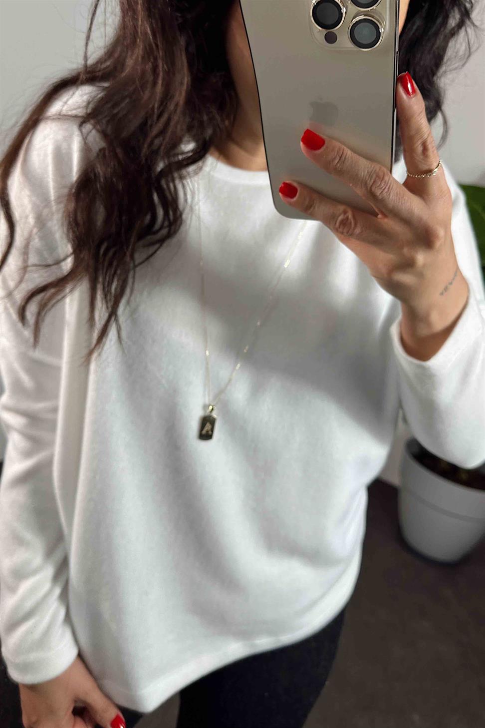 Premium Kalite Bisiklet Yaka Basic Yumoş Bluz Beyaz