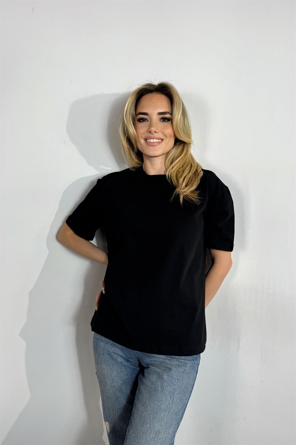 Premium Kalite Bisiklet Yaka Tok Doku Basic Tişört Siyah