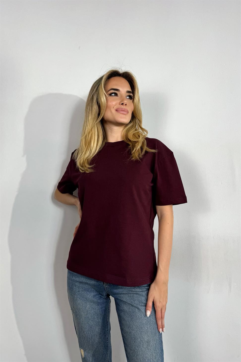 Premium Kalite Bisiklet Yaka Tok Doku Basic Tişört Mürdüm