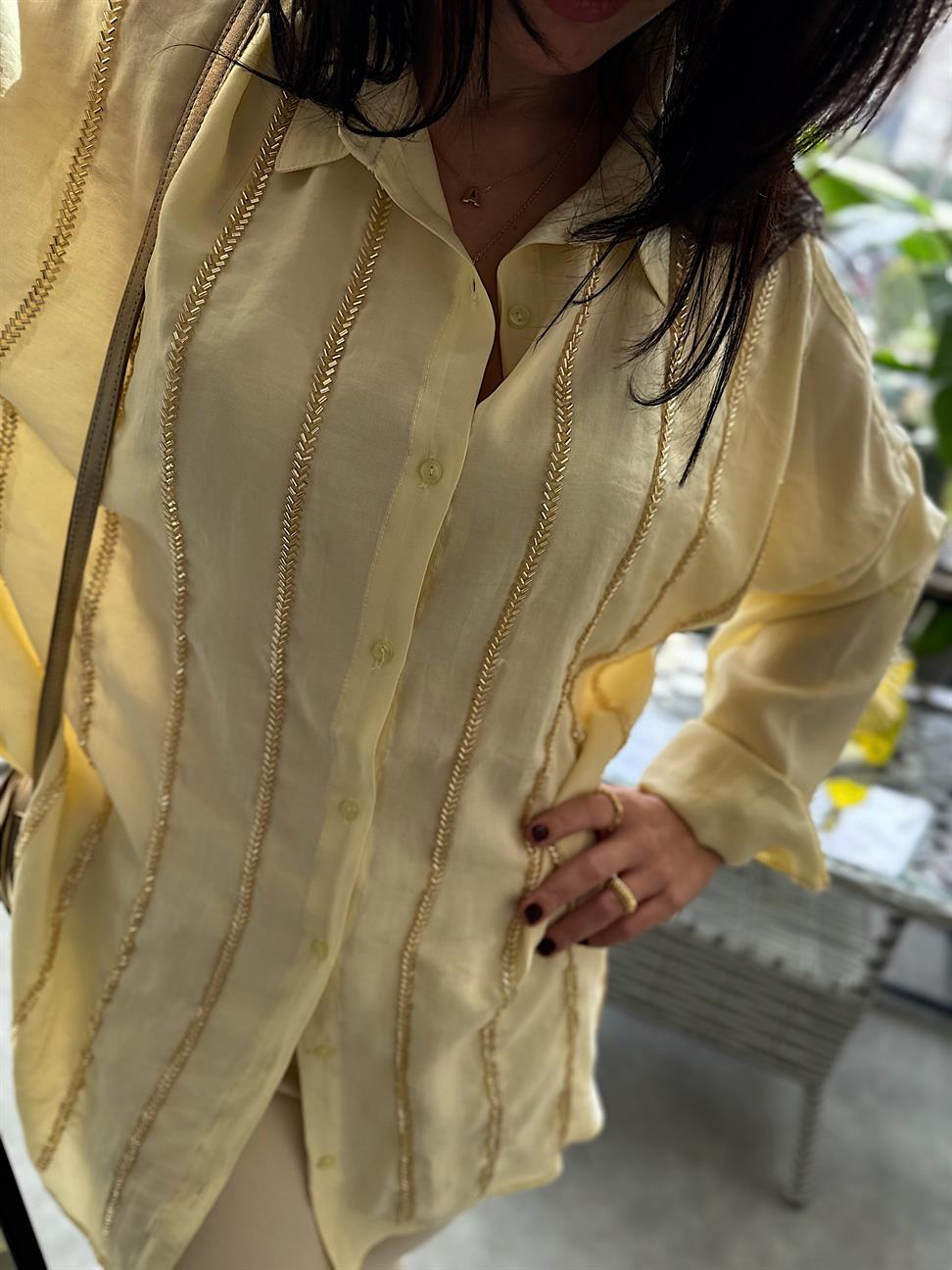 Premium Kalite Boncuk İşleme Rahat Kesim Gömlek Sarı