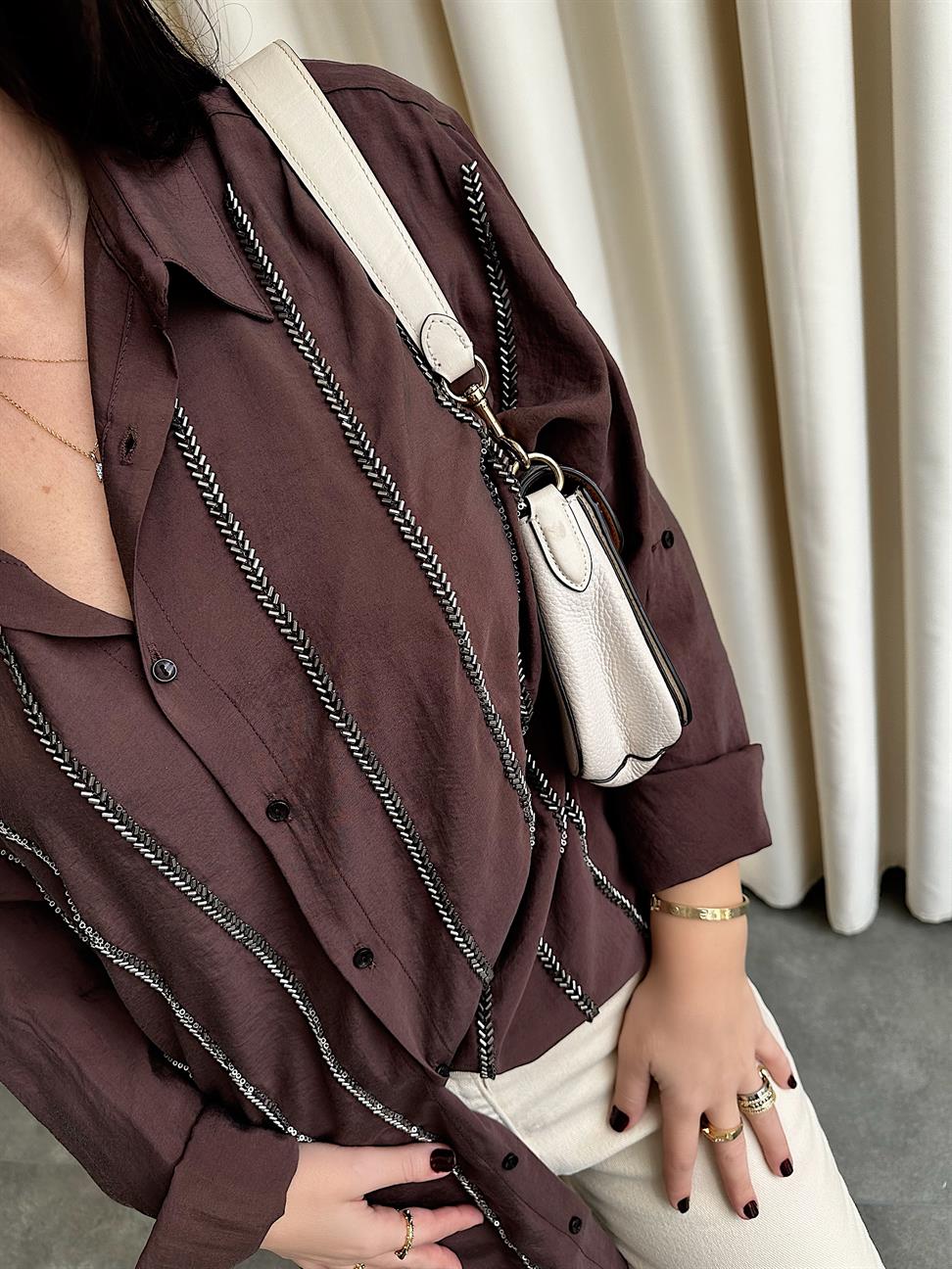 Premium Kalite Boncuk İşleme Rahat Kesim Gömlek Acı Kahve