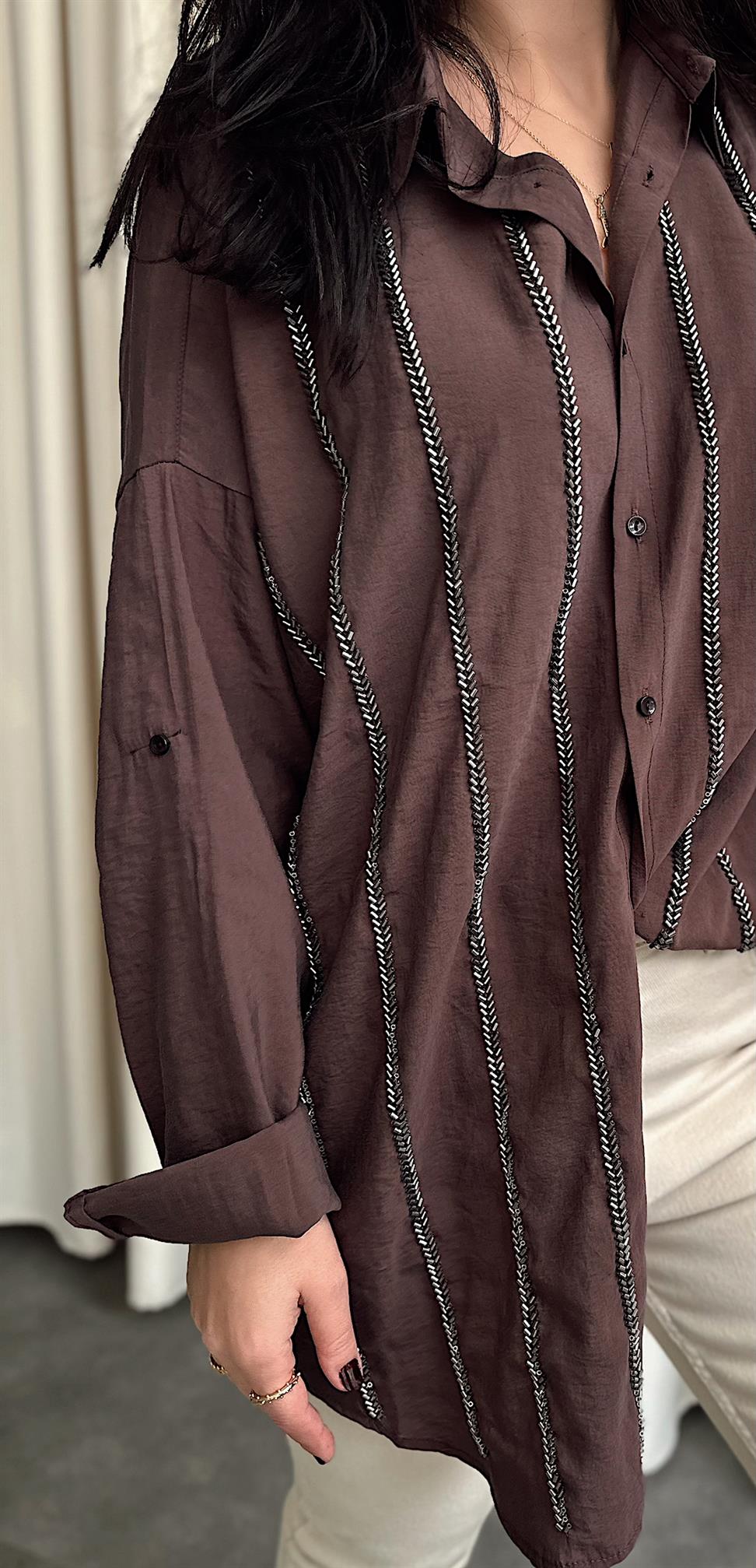 Premium Kalite Boncuk İşleme Rahat Kesim Gömlek Acı Kahve