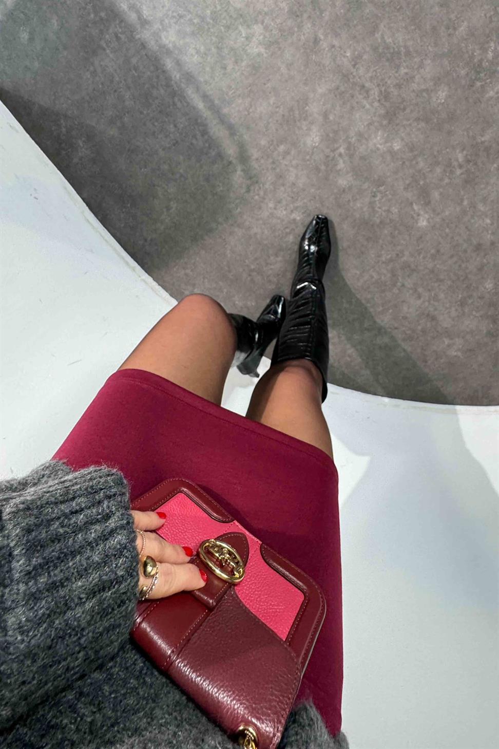 Premium Kalite Çelik Örme Mini Etek Bordo