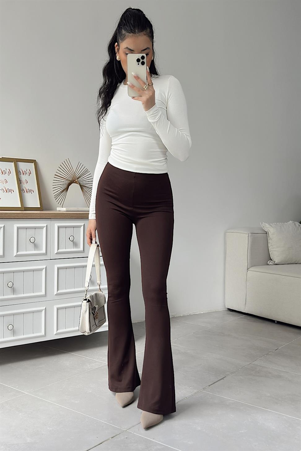 Premium Kalite Çelik Penye İspanyol Tayt Pantolon Acı Kahve