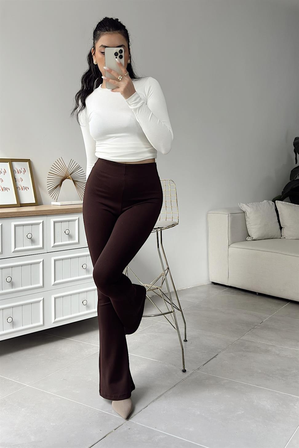 Premium Kalite Çelik Penye İspanyol Tayt Pantolon Acı Kahve